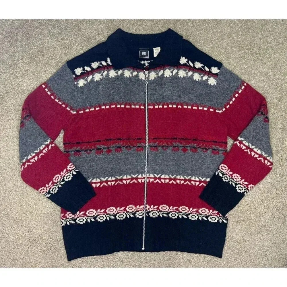 MAURICES VTG Shetland Wool Blend Fair Isle Full Zip Cardigan Sweater Women LARGE